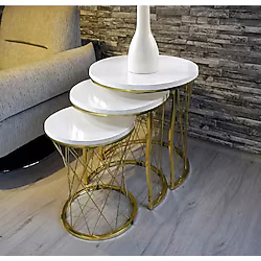 3 LÜ Hasır Telli Beyaz Suntalam Gold Metal Ayak Zigon Sehpa Sehpa-takimi-zigon-sehba