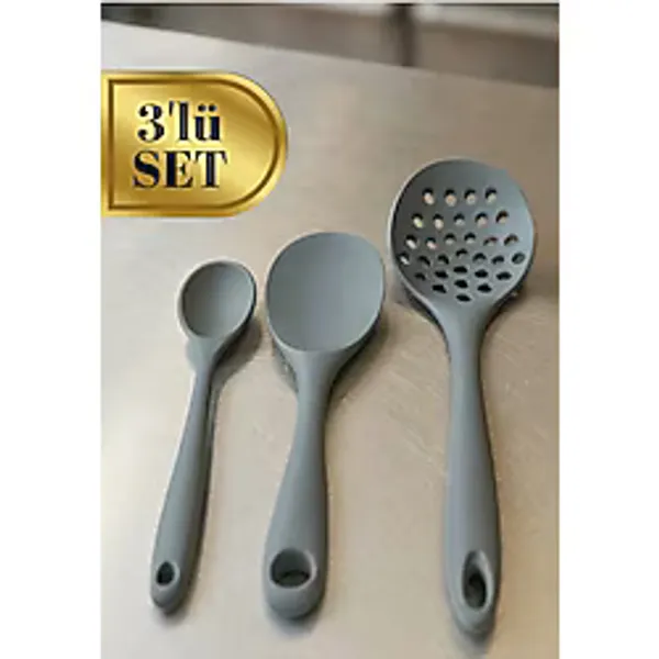 3'Lü Silikon Kaşık Seti - Pilav Kaşığı, Servis Kaşığı Ve Delikli Kepçe Isıya Dayanıklı Premium Set