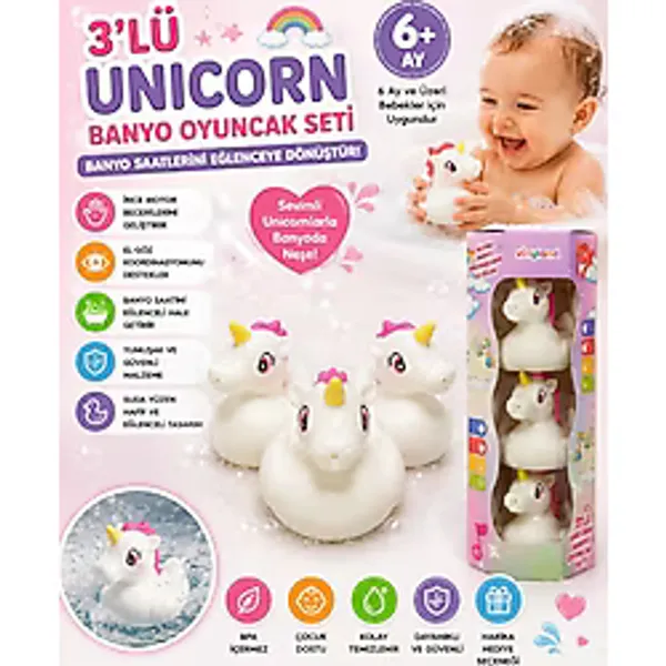 3'Lü Unicorn Banyo Oyuncak Seti Yumuşak Suda Yüzen Sevimli Unicorn Oyuncakları Bebek Banyo Oyuncağı