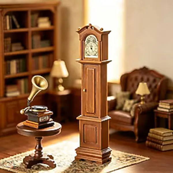 3 parçalı oyuncak bebek evi mobilya aksesuarı, 1/12 ahşap retro minyatür ayaklı saat, yuvarlak masalı vintage fonograf bebek evi oturma odası, yatak odası ve diğer sahneler için uygundur