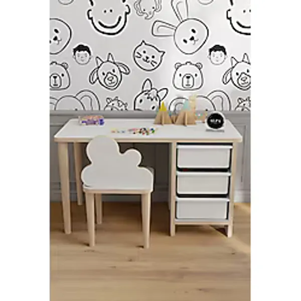 3 Sepetli Çocuk Masa Sandalye Takımı, Yaz Sil Aktivite Masası, Bulut Tasarımlı Sandalye, Ergonomik Masa