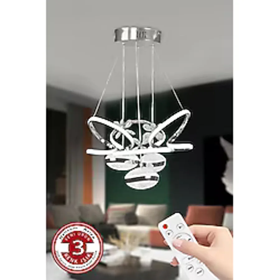 3 Toplu Kumandalı Gümüş Kasa Büyük Boy Salon Led Avize 3 Renk
