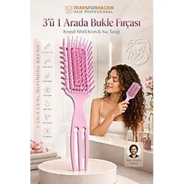3'ü 1 Arada Akıllı Bukle Fırçası, Kıvırcık Saç Şekillendirici ve Dolaşık Açma Tarağı, Pembe, Anti-Statik 723259 - Çok Renkli