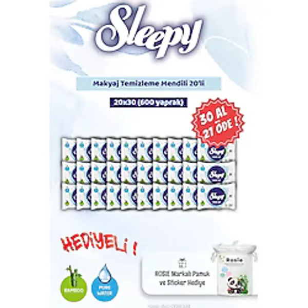 30 AL 27 ÖDE 20'li Sleepy Makyaj Temizleme Mendili ve Rosie Bebek pamuğu