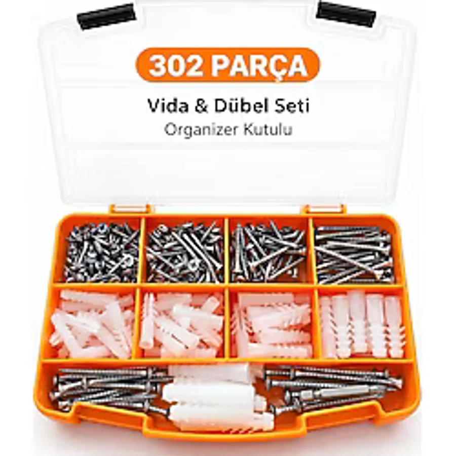 302 Parça Vida ve Dübel Seti - Dın 7505 Sunta Vidaları, Kraft Plastik Dübel, Pz2x50 Bits Uç, Organizer Kutu - 1 Adet