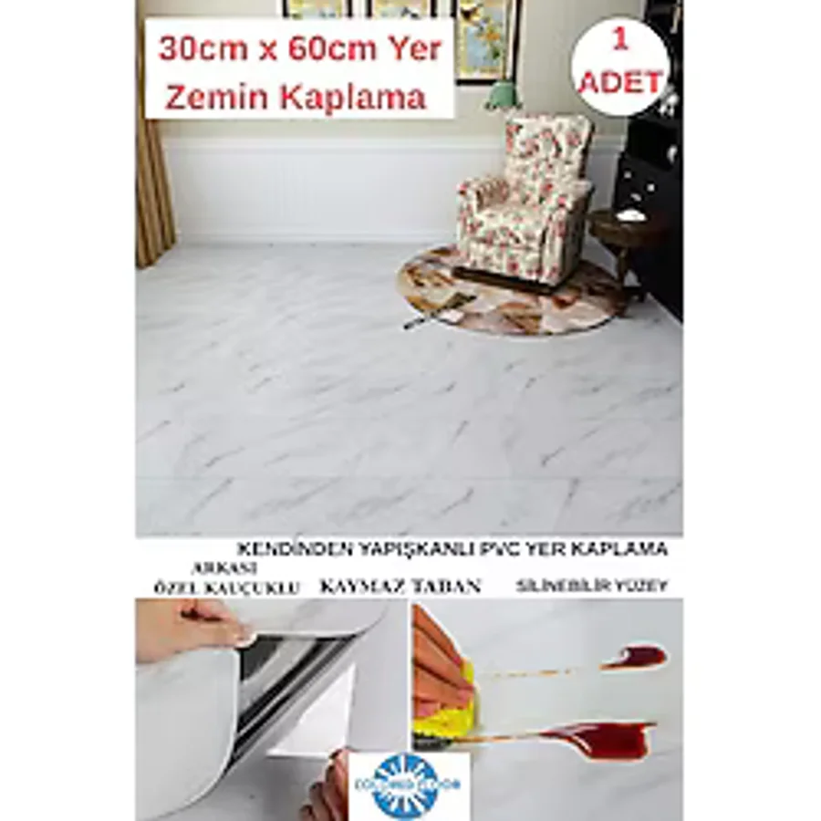 30cm X 60cm 1 Adet Yapışkanlı Floor Pvc Panel Yer Zemin Kaplama Paneli Arkası Kauçuklu Banyo Mutfak