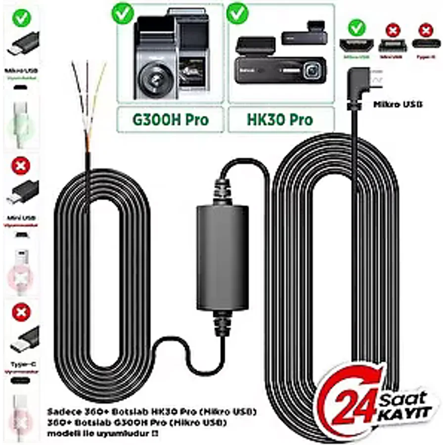 360 Botslab G300H Pro/HK30 Pro Araç İçi Kamera 24 Saat Park Modu Kiti Akü Bağlantı Kablosu (Micro Usb)