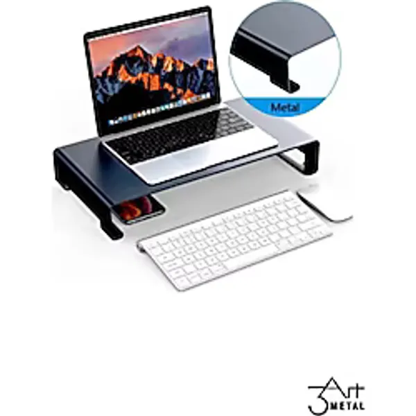 3Art Metal Mat Siyah Monitör ve Laptop Yükseltici Stand 37x23x8 cm Ergonomik Tasarım ile Uyumlu