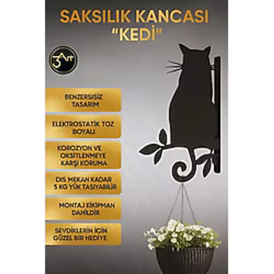 3Art Metal Metal Saksı Askılığı - Duvar Tipi Dekoratif Çiçek Askısı - Kedi Figürlü