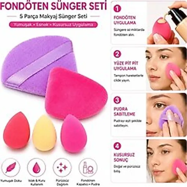 3B Trend 5 Parça Fondöten Sünger Seti Makyaj Süngeri Seti Fondöten Kapatıcı Bb Krem Kozmetik Süngeri