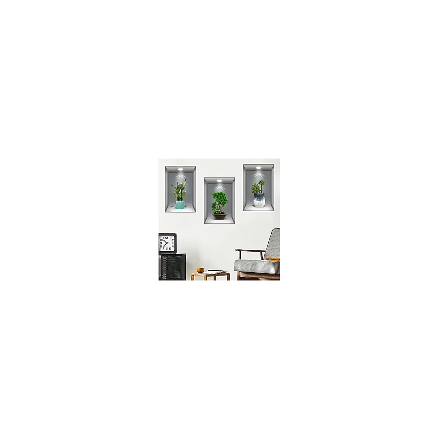 3D Çiçek Vazo Duvar Sticker 3 lü Set GRİ Fon