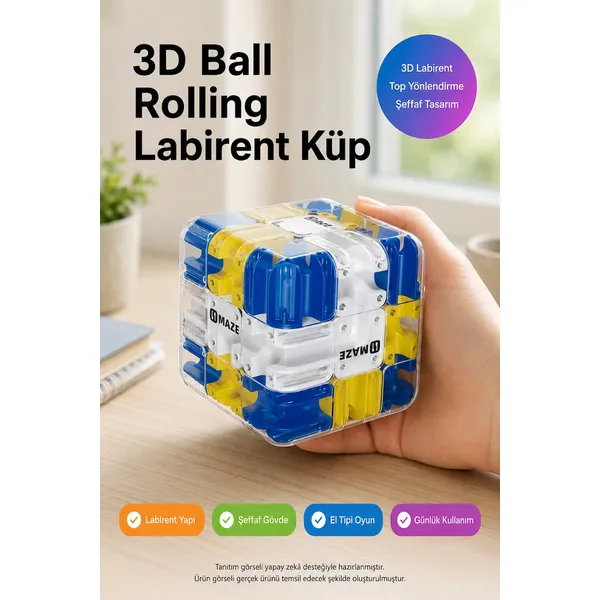 3D Labirent Küp Zeka Oyunu Top Yönlendirme Şeffaf El Tipi Beceri Oyuncağı MAZE Mavi Sarı 6,9 cm