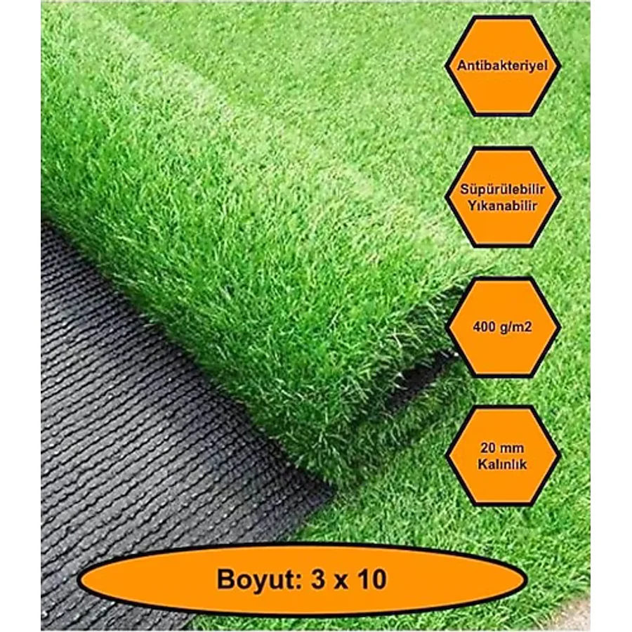 3X10 Metre Yapay Çim Halı, Lastik Taban, Yeşil Suni Halı, 20 mm Kalınlığında