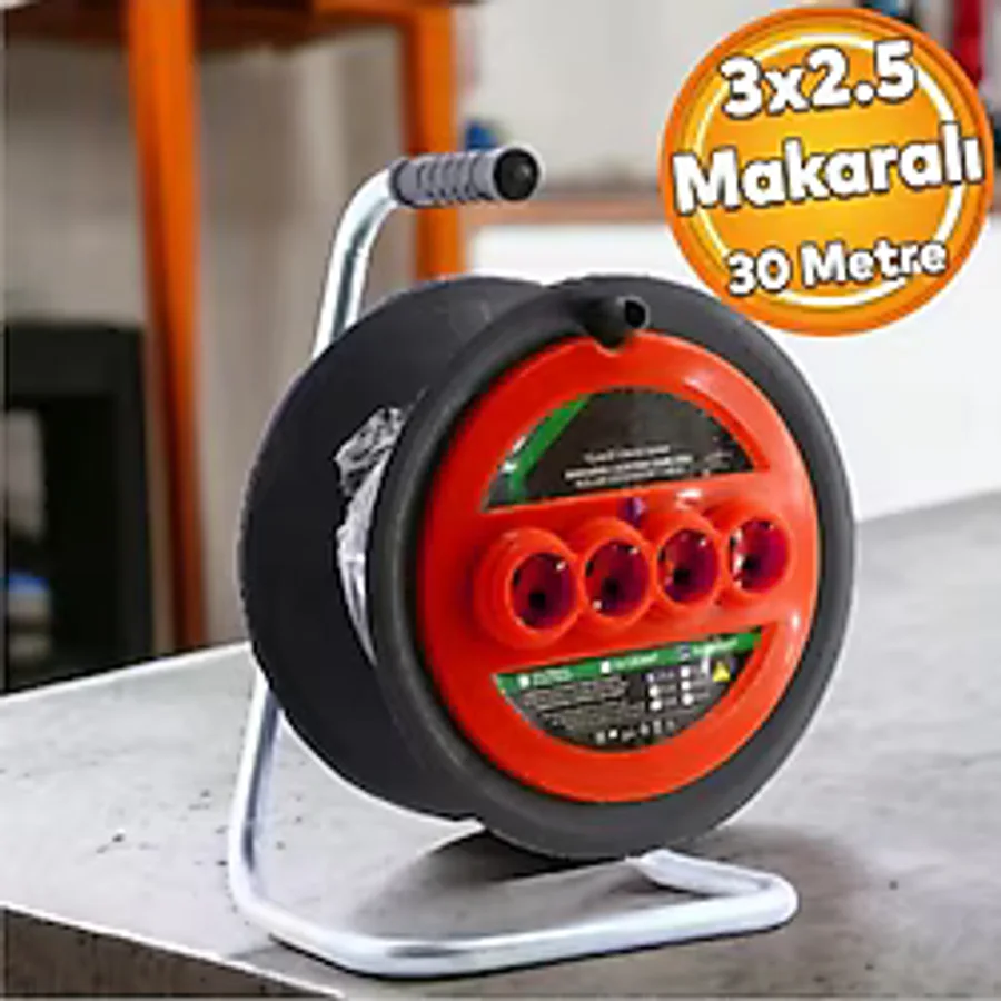3x2.5 mm 30 m 4'lü Makaralı Uzatma Kablosu
