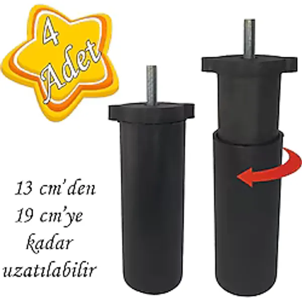 4 Adet Ayarlı Destek Ayağı 13 X 19 Cm Siyah Gizli Ayak M8 Civatalı İncediş Mobilya Kanepe Baza Koltuk