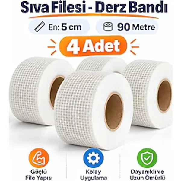 (4 Adet) Yapışkanlı Derz Bandı 90 Metre Cephe Sıva Filesi 5 Cm Tamir Sıvası Yalıtım Montalama Bant