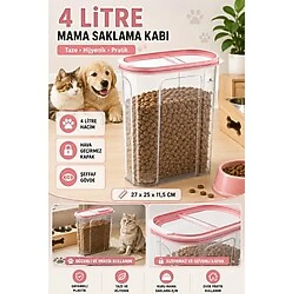 4 Litre Kapaklı Kedi Köpek Mama Saklama Kabı Hava Geçirmez Şeffaf Evcil Hayvan Mama Kutusu