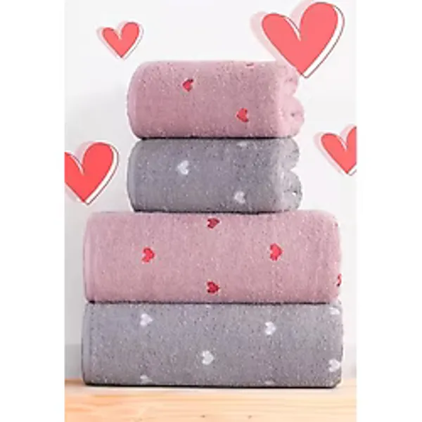 4'lü Banyo Havlu Seti Kalpli - Gri, Pudra Kalp Desenli Hamam Takımı Gri Pudra-70 X 140