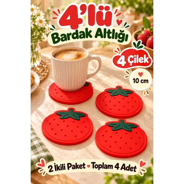 4'Lü Çilek Desenli Bardak Altlığı Seti 10 Cm Kahve Ve Çay Fincan Altlığı Renkli Masa Sunum Aksesuarı