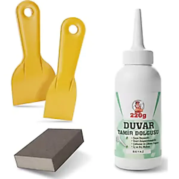 (4'LÜ) Duvar Tamir Seti (1 ADET) Beyaz 220 Gr Dolgu Macunu 2 Adet Spatula + Kübik Zımpara