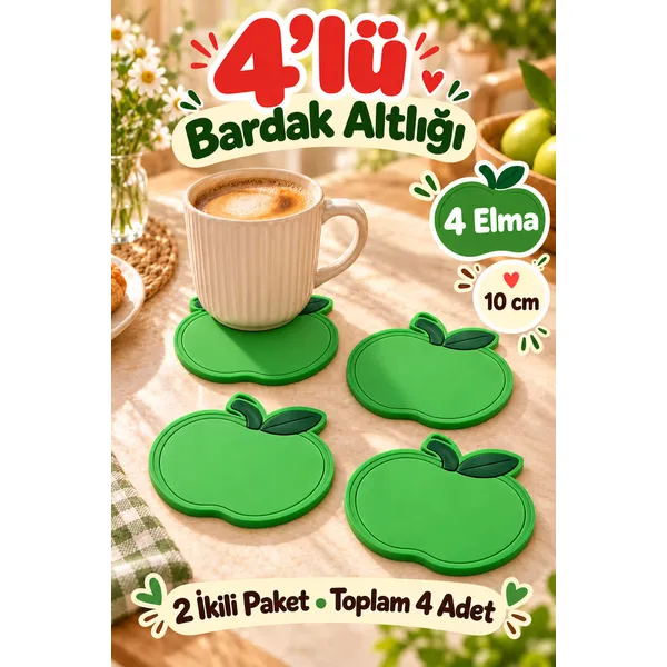 4'Lü Elma Desenli Bardak Altlığı Seti 10 Cm Kahve Ve Çay Fincan Altlığı Renkli Sofra Sunum Aksesuarı