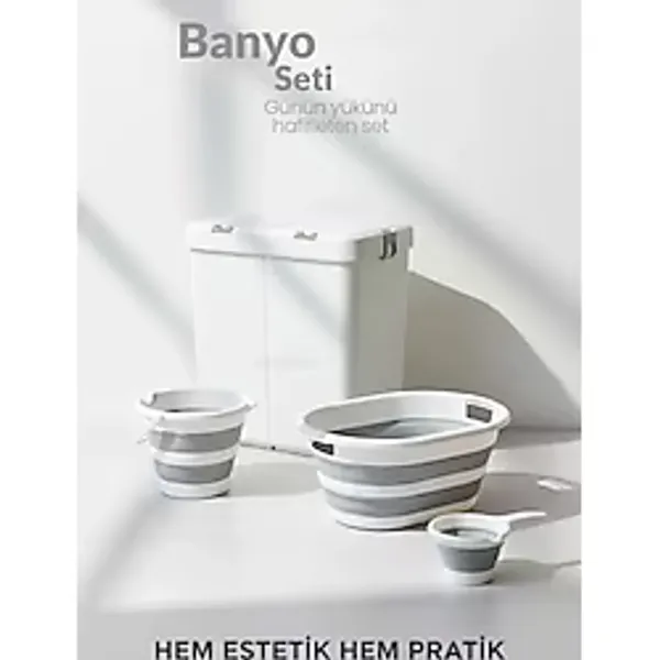 4'lü Katlanabilir Çamaşır Sepeti Seti - 80 Litre Kirli Sepeti, Sele, Su Kovası ve Maşrapa
