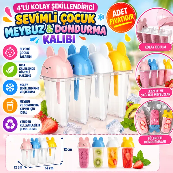 4'Lü Kolay Şekillendirici Sevimli Çocuk Meybuz & Dondurma Kalıbı Ap-9179 (Adet Fiyatıdır)