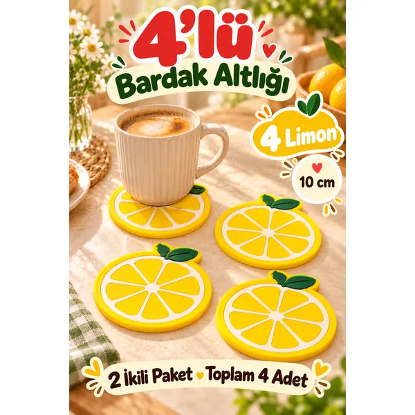 4'Lü Limon Desenli Bardak Altlığı Seti 10 Cm Kahve Ve Çay Fincan Altlığı Renkli Masa Sunum Aksesuarı