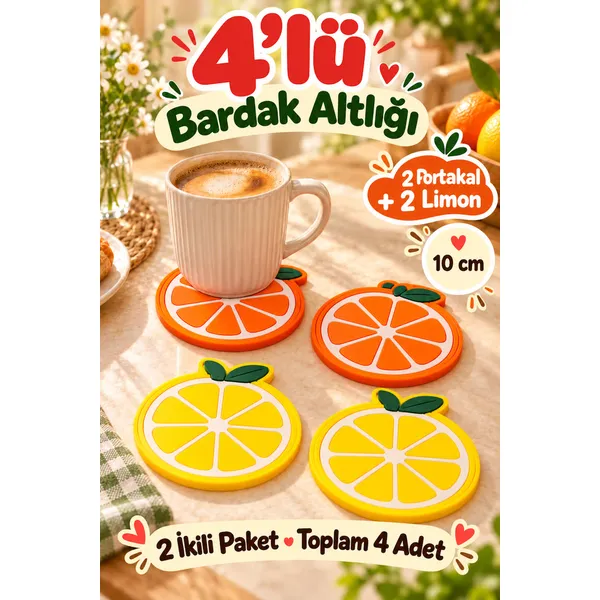 4'Lü Portakal Limon Desenli Bardak Altlığı Seti 10 Cm Kahve Çay Fincan Altlığı Sofra Sunum Aksesuarı