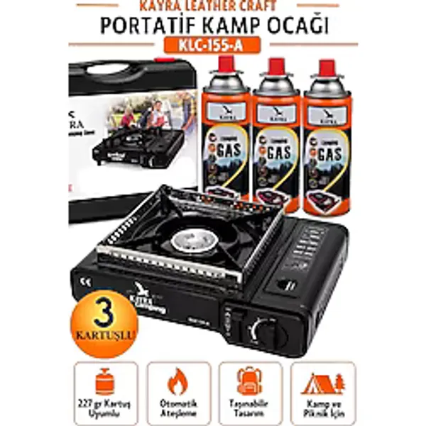 (4'Lü Set) Siyah Portatif Taşınabilir Kamp Ocağı Tek Gözlü 3 Adet Gaz Kartuşu Çantalı Açık Hava Gezi Piknik Yemek Pişirme Ocağı Seti Mini Ocak Karavan Kamp Ekipmanları Malzemeleri Seti (Siyah)