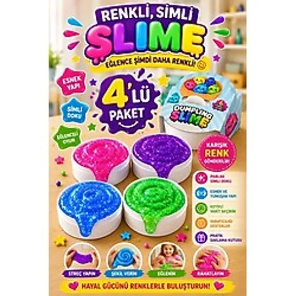4'Lü Slime Oyun Jeli Simli Streç Hamur Eğitici Duyusal Oyun Motor Beceri Geliştiren Oyuncak Renkli