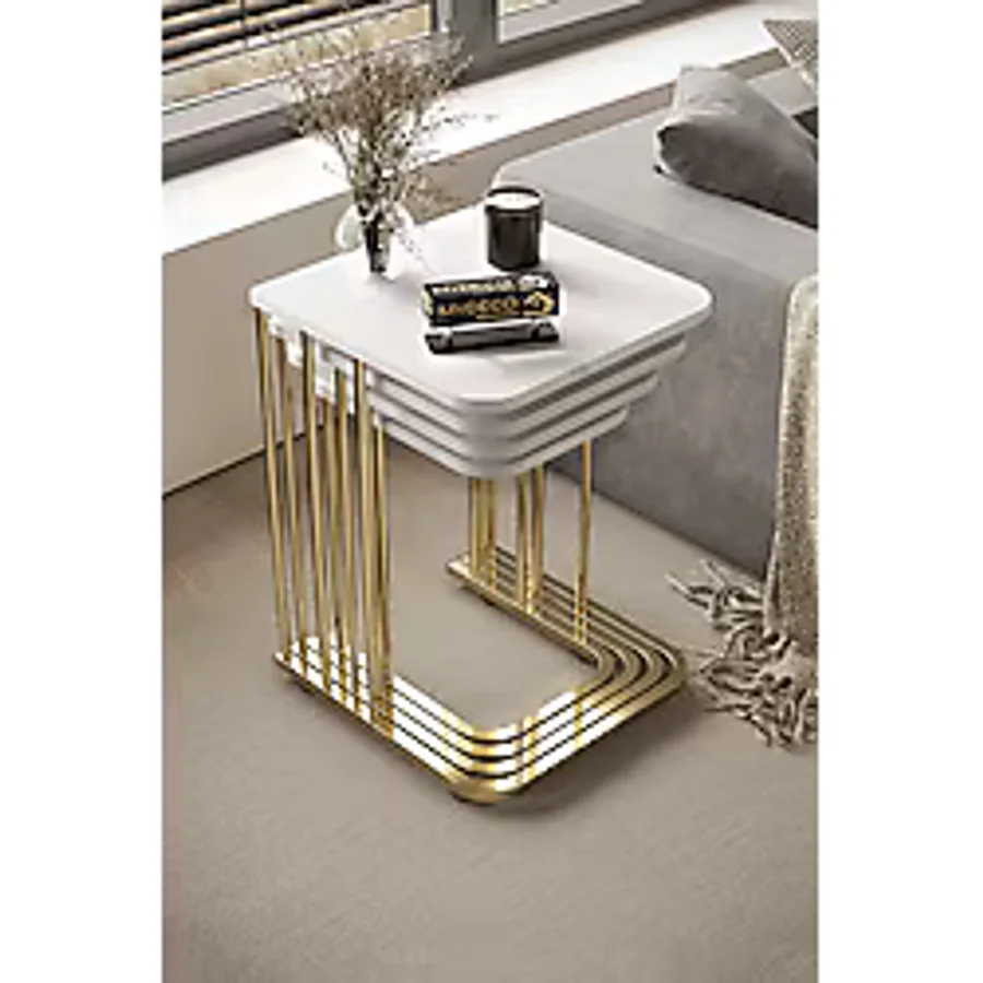 4'lü Zigon Sehpa Gold Ayak Beyaz 18 mm Mdf