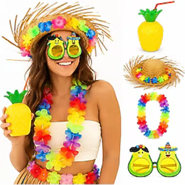 4 Parça Hawaii Parti Seti Ananas Bardak Hasır Şapka Avokado Gözlük Çiçek Kolye