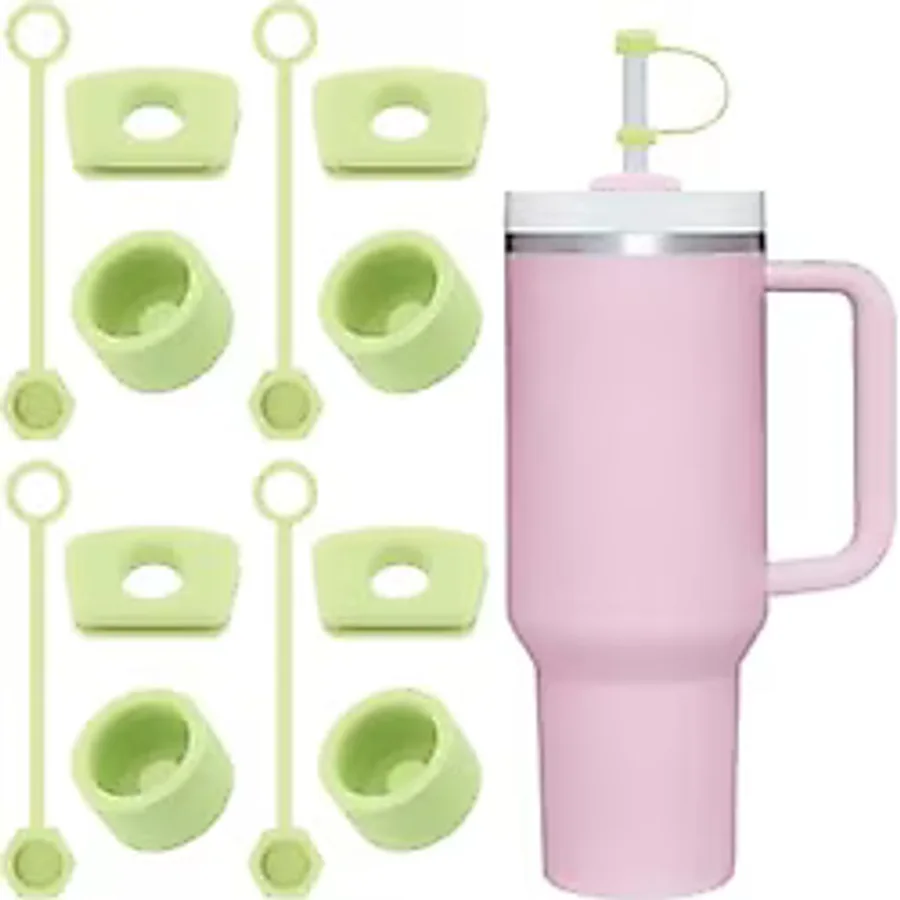 4 Set (12 Parça) Silikon Sızdırmaz Kapak Seti - Stanley Quencher 30/40 Oz ile Uyumlu - Dökülmeye Dayanıklı Tıpa ve Pipet Ucu - Yeşil Renk