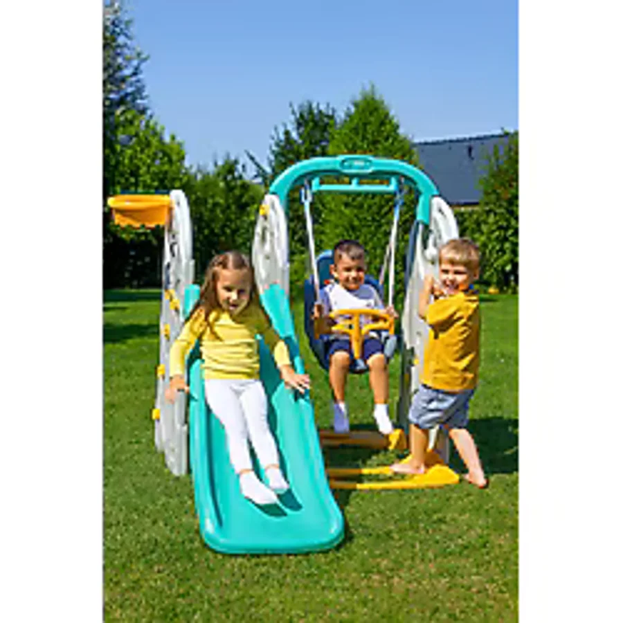 4'ü 1 Arada Çocuk Oyun Parkı - Kaydırak, Salıncak, Barfiks, Basket Potası (124X156X170 Cm) - Sarı - Yeşil
