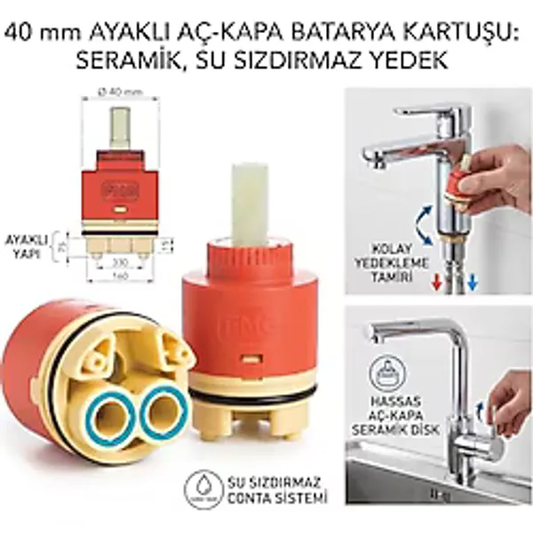 40 mm Ayaklı Aç-Kapa Batarya Kartuşu - Seramik Musluk ve Banyo Mutfak Bataryası Kartuşu - Su Sızdırmaz Yedek Aç Kapa Kartuş