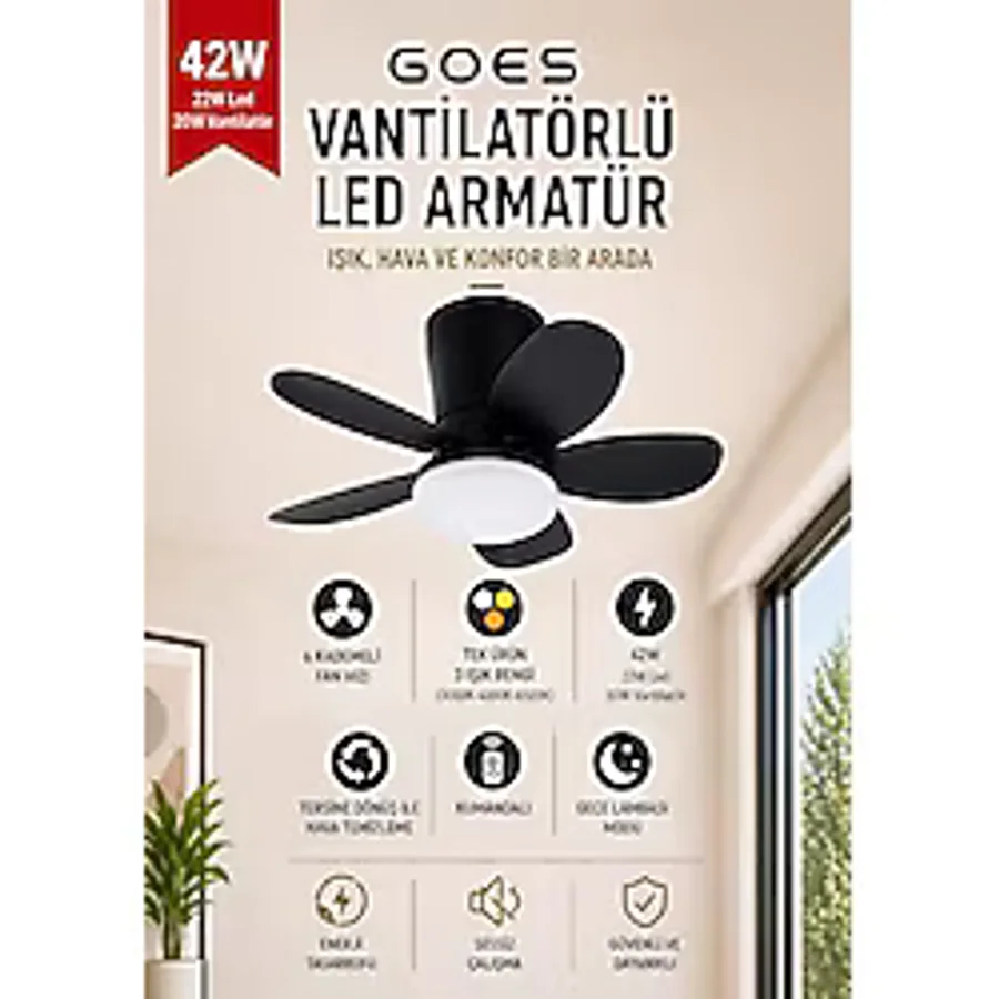 42W Tavan Vantilatörü LED Avize 64cm 5 Kanat 6 Kademeli Fan Ters Dönüş ve Gece Lambası Modu ile Uzaktan Kumandalı Siyah