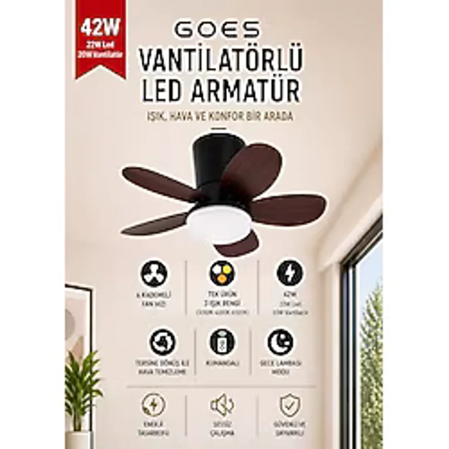 42W Tavan Vantilatörü LED Avize Armatür 64cm 5 Kanat 6 Kademeli Fan Ters Dönüş ve Gece Lambası Modu Uzaktan Kumandalı Siyah Kiraz