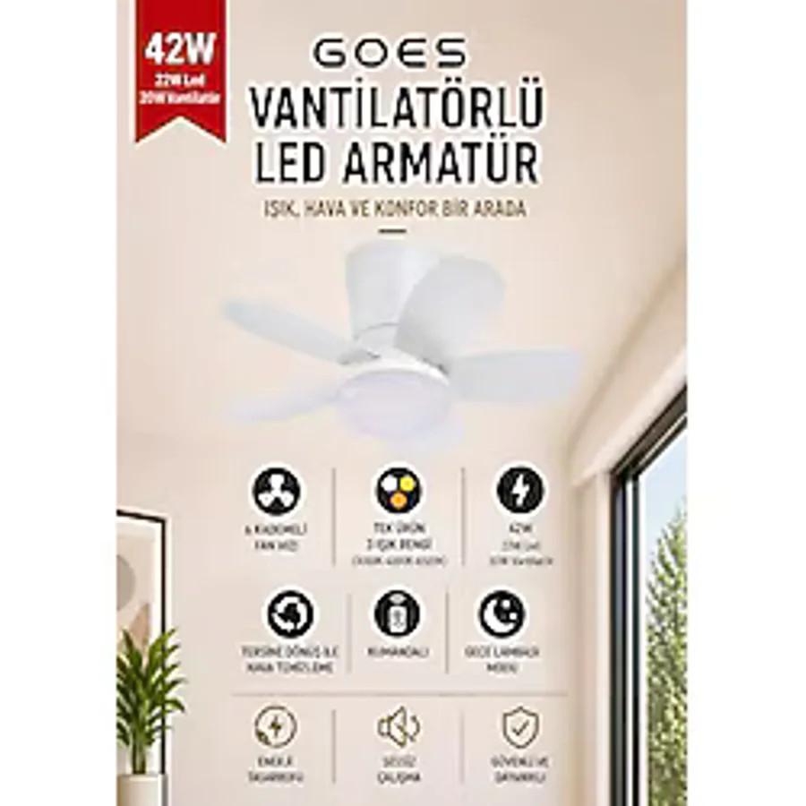 42W Tavan Vantilatörü LED Avize Armatür 64cm 5 Kanat 6 Kademeli Fan Ters Dönüş ve Gece Lambası Modu Uzaktan Kumandalı Beyaz