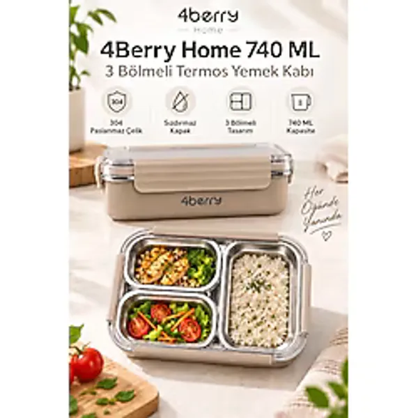 4Berry Home 740 ML 3 Bölmeli 304 Paslanmaz Çelik Termos Yemek Kabı - Kahverengi Sızdırmaz Kapaklı, Isı Korumalı Beslenme Kutusu