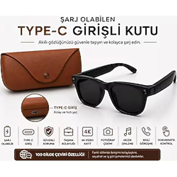 4K Kameralı-100 Dilde Çeviri-Yapay Zeka Destekli-Video Ve Fotoğraf Çekimi Çift Polarize Camlı Akıllı Gözlük