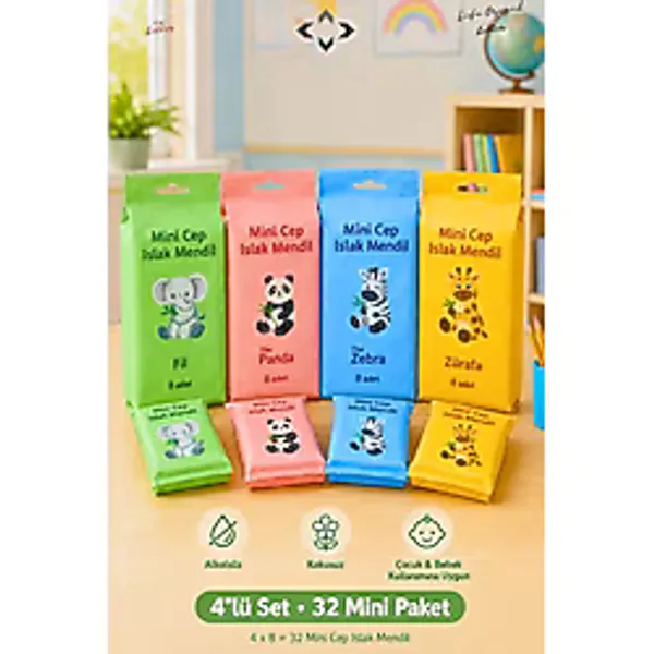 4x8 32 Paket Mini Islak Mendil Kokusuz Temizlik Bezi Çocuk ve Okul Çanta İçin Taşınabilir Hijyenik