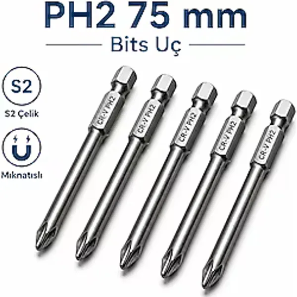 (5 Adet) Manyetik S2 Çelik 75 Mm 7.5 Cm Ph2 Bits Uç Tornavida Matkap Vidalama Manyetik Vidalama Ucu