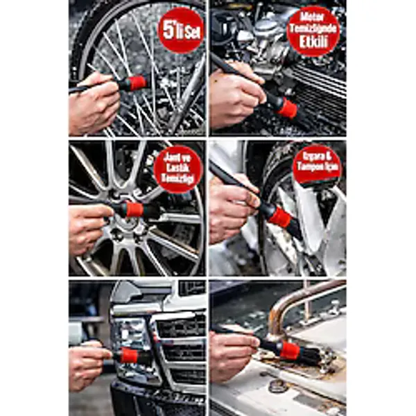 5'li Oto Detay Temizlik Fırçası Seti - Jant, Motor, Izgara, Lastik & Araç İçi Fırça