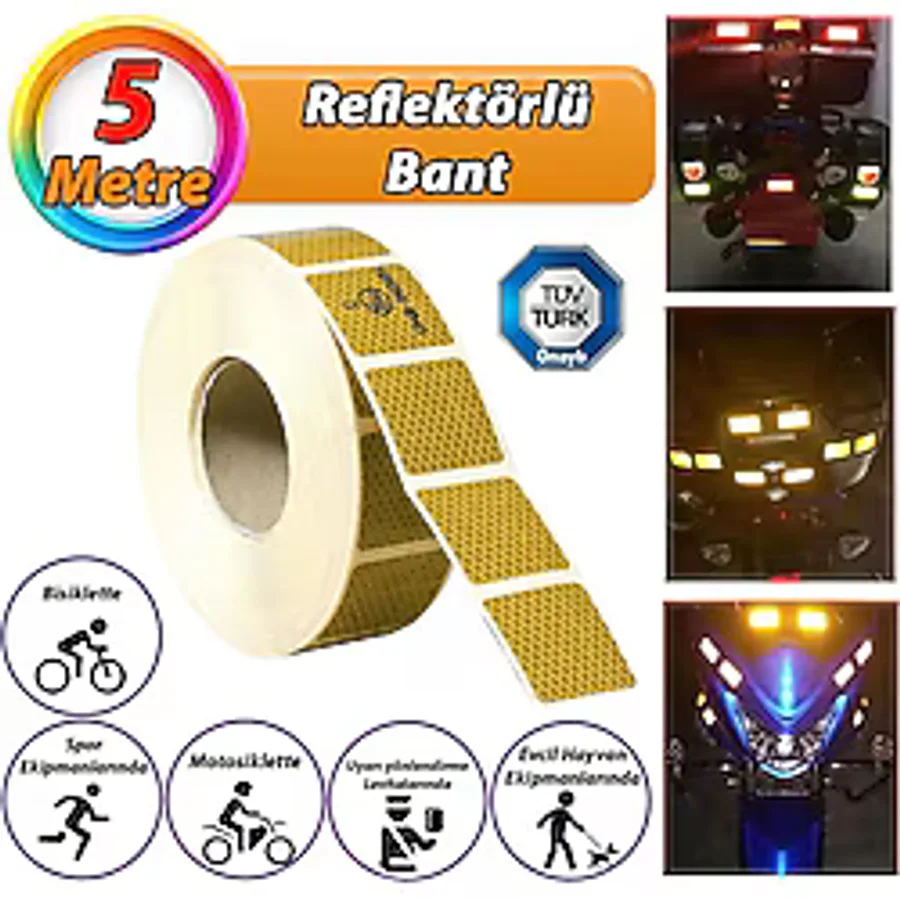 5 Mt Reflektörlü Reflektif Fosforlu Araç Oto Kamyon Şerit Bant Tüvtürk Onaylı Kesikli Sarı İkaz Bandı