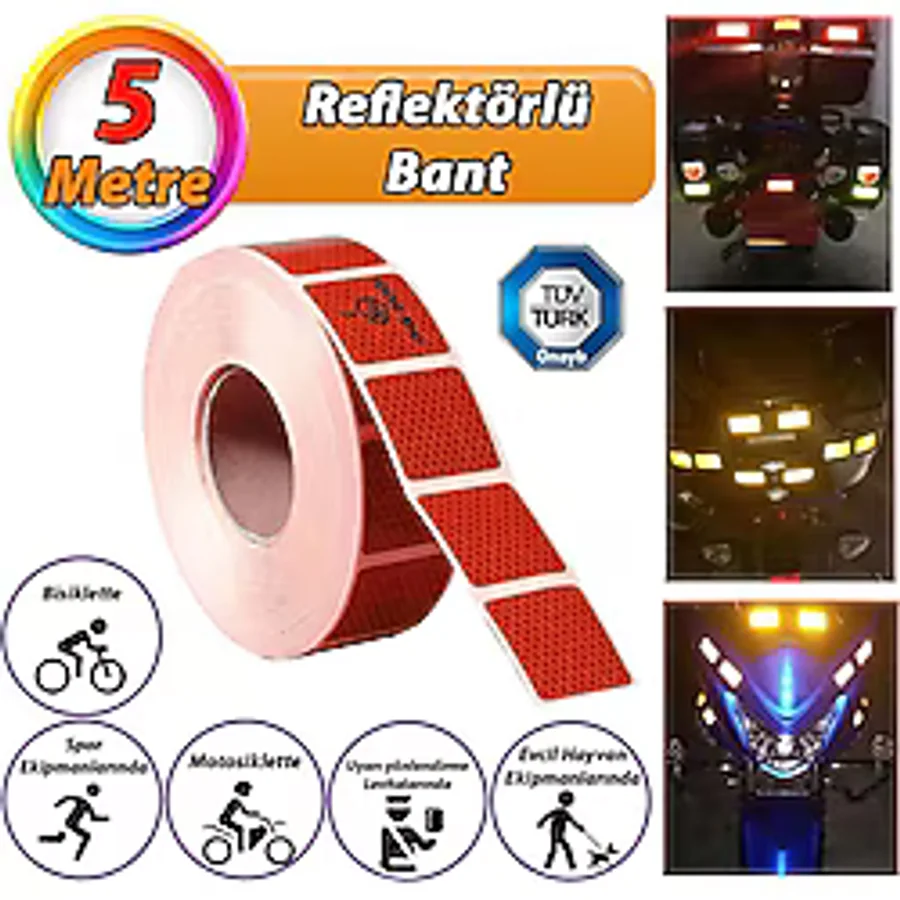 5 Mt Reflektörlü Reflektif Fosforlu Araç Oto Kamyon Şerit Bant Tüvtürk Onaylı Kesikli Kırmızı İkaz Bandı
