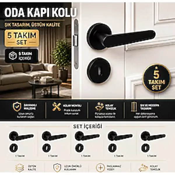 (5 TAKIM SET) Kayı Mat Siyah Rozetli Oda Kapı Kolu Sağa Sola Uyumlu Modern Kapı Takımı Kolları