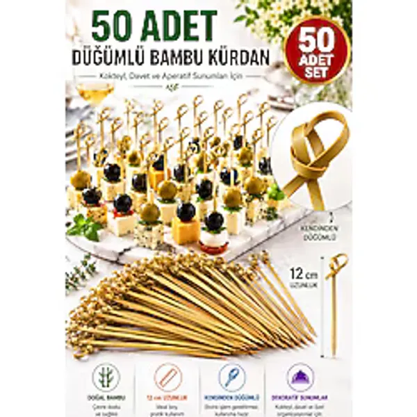 50 Adet Düğümlü Bambu Kürdan 12 cm Kokteyl Parti Davet Aperatif Sunum Kürdanı 50'li Set Paket