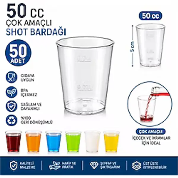 50 Cc Çok Amaçlı Shot Bardağı 50 Adet - Şeffaf Sert Kristal Plastik - Gıdaya Uyumlu