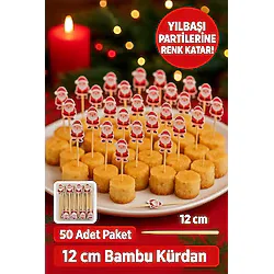 50'li Noel Baba Figürlü 12 cm Bambu Kürdan Yılbaşı Sunum ve Parti Süsleme Seti